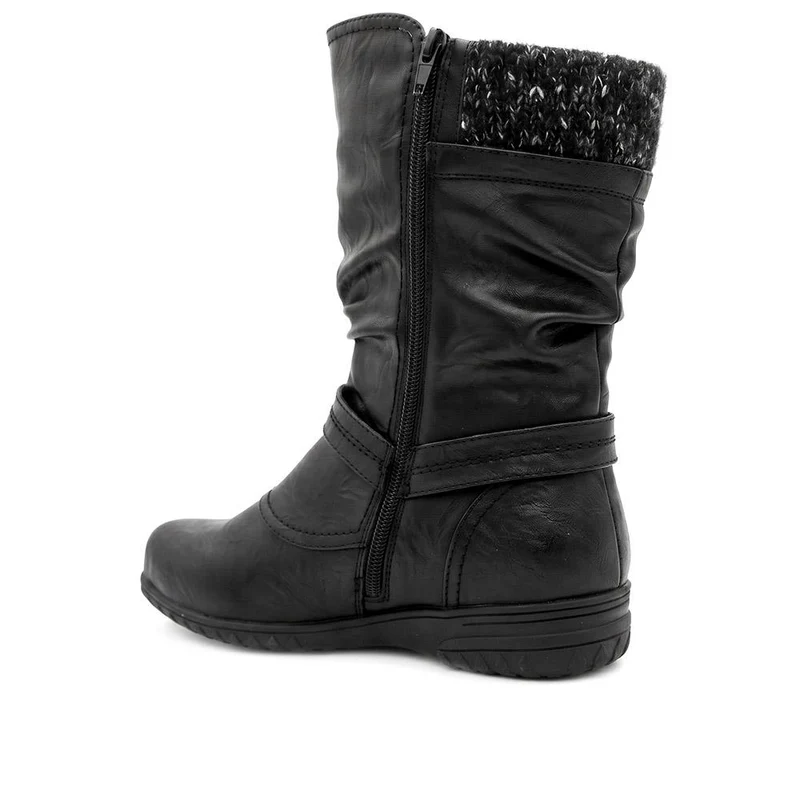 Wide Fit Knitted Cuff Zipped Slouch Boots - WBINS44079 / 329 798 - Black