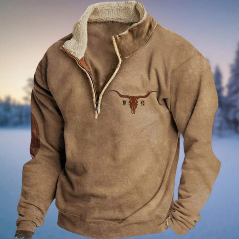 Stefan | Herren Fleece-Sweatshirt mit Halb-Reißverschluss Aztekenmuster Stehkragen