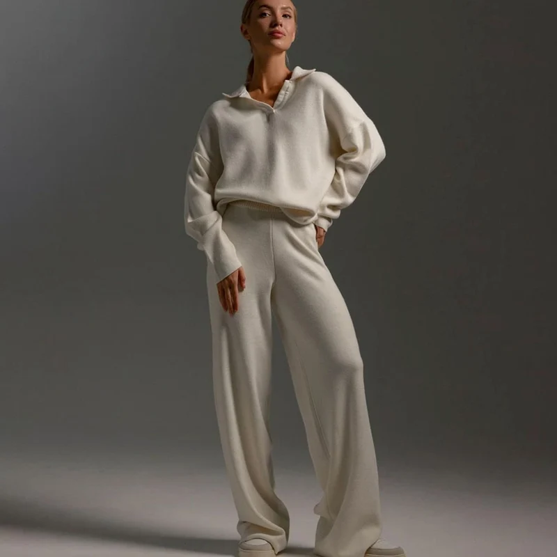 Elisabeth | Damen Polopullover und Weitbein-Hosen-Set Locker Geschnitten Zweiteilig