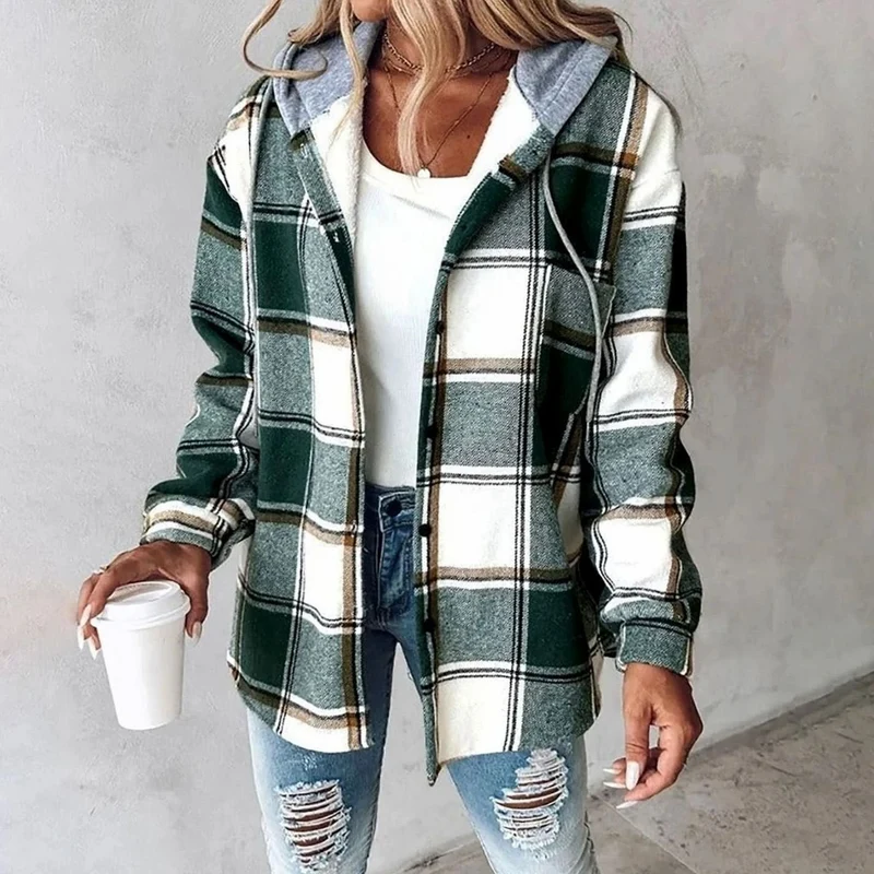 Johanna | Damen Karo Hoodie Jacke mit Kapuze Lockere Passform Winterjacke
