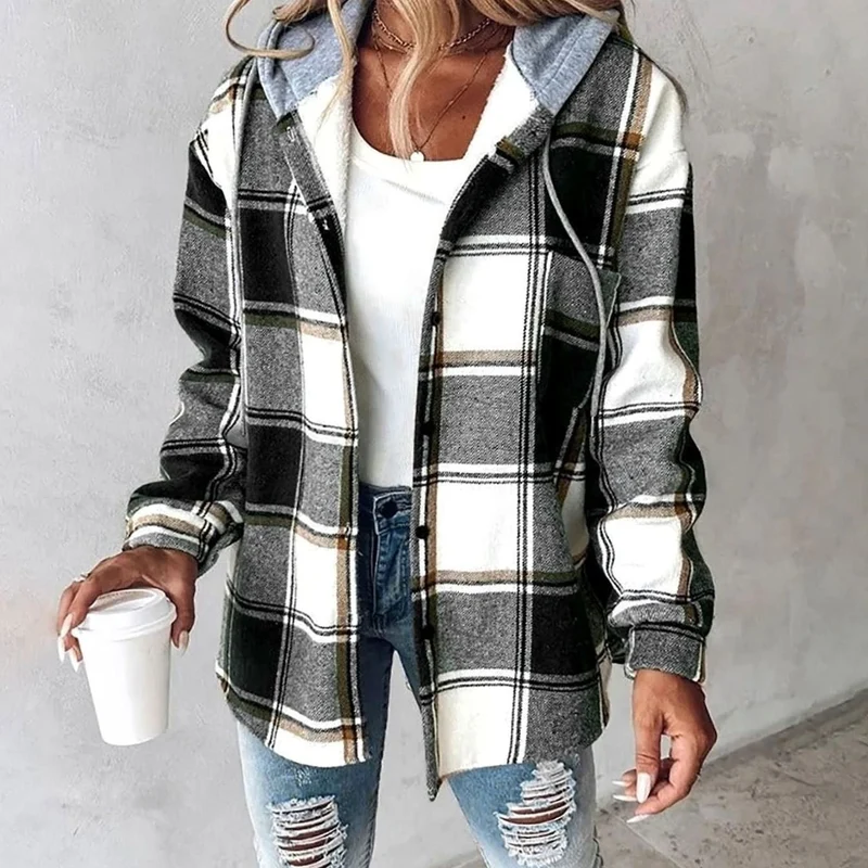 Johanna | Damen Karo Hoodie Jacke mit Kapuze Lockere Passform Winterjacke