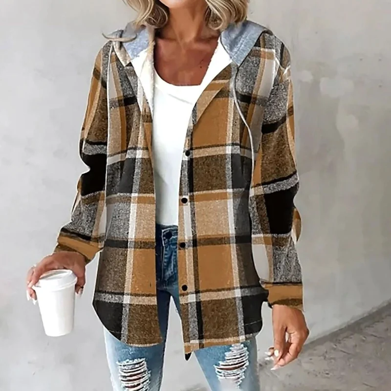 Johanna | Damen Karo Hoodie Jacke mit Kapuze Lockere Passform Winterjacke