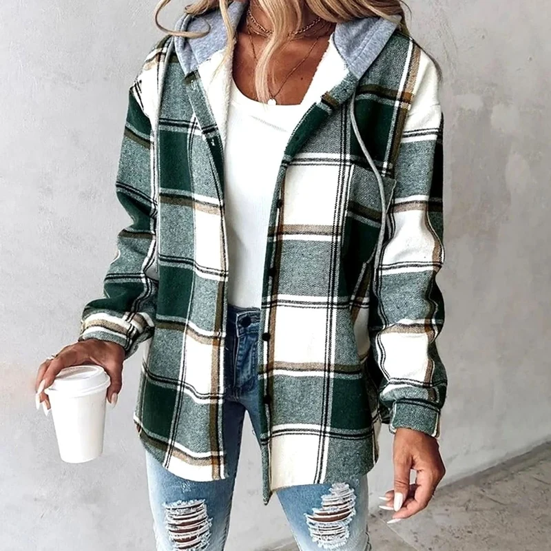 Johanna | Damen Karo Hoodie Jacke mit Kapuze Lockere Passform Winterjacke