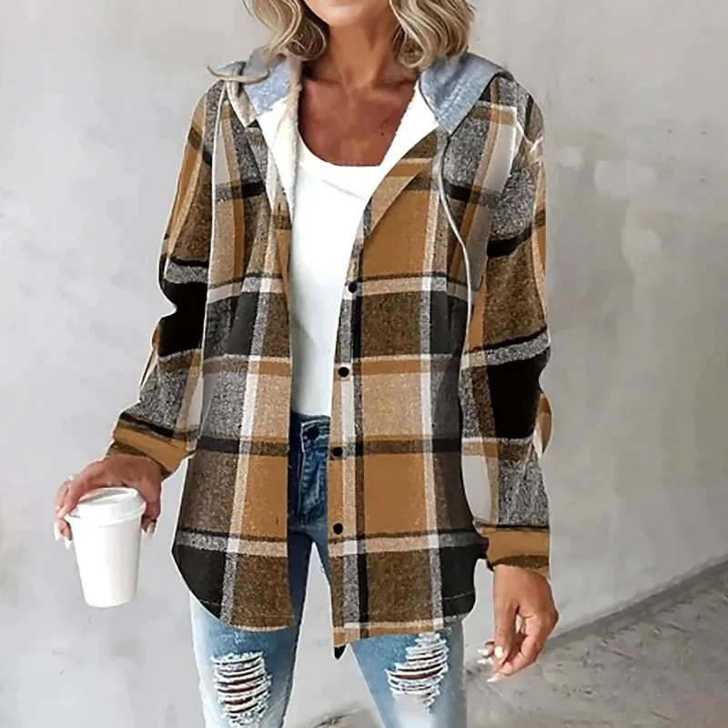 Johanna | Damen Karo Hoodie Jacke mit Kapuze Lockere Passform Winterjacke
