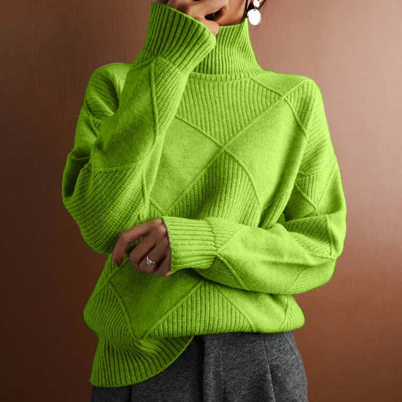 Lena | Damen Turtleneck Sweater Oversized Strickpullover mit Rautenmuster