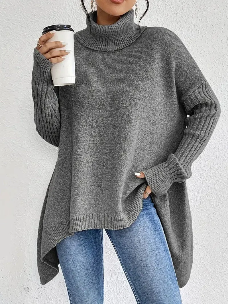 Annika | Damen Oversized Turtleneck Sweater Langer Rollkragenpullover Gerippte Bündchen