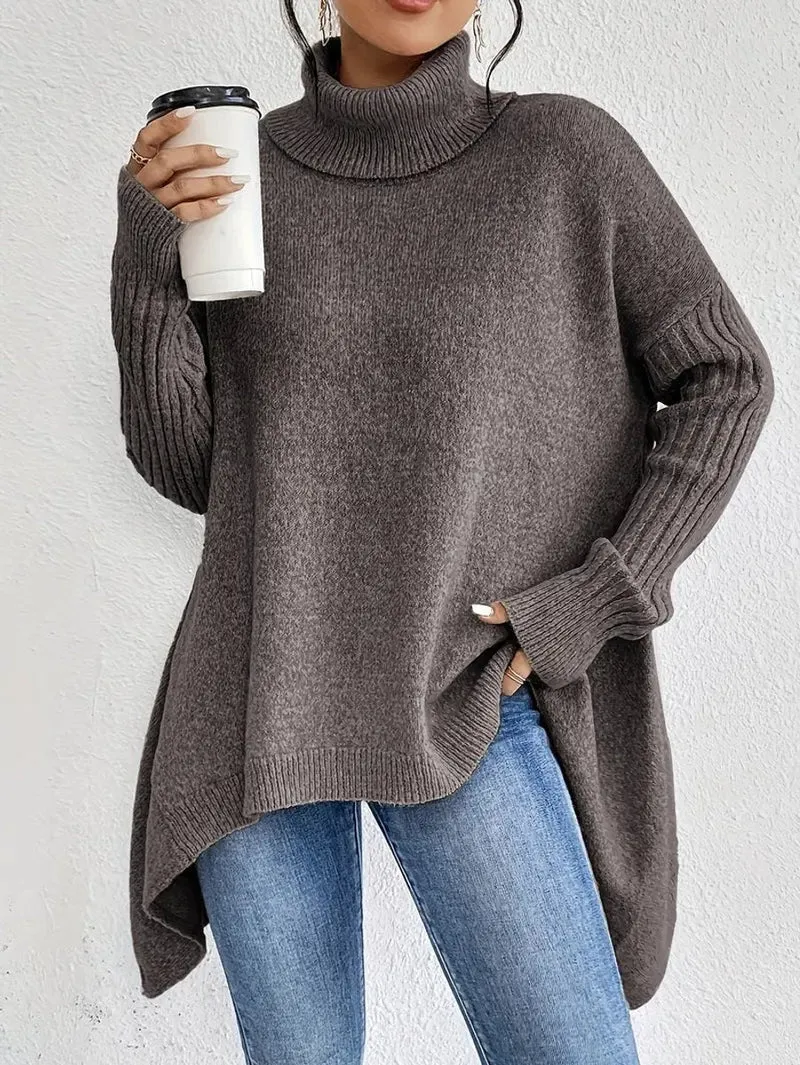 Annika | Damen Oversized Turtleneck Sweater Langer Rollkragenpullover Gerippte Bündchen