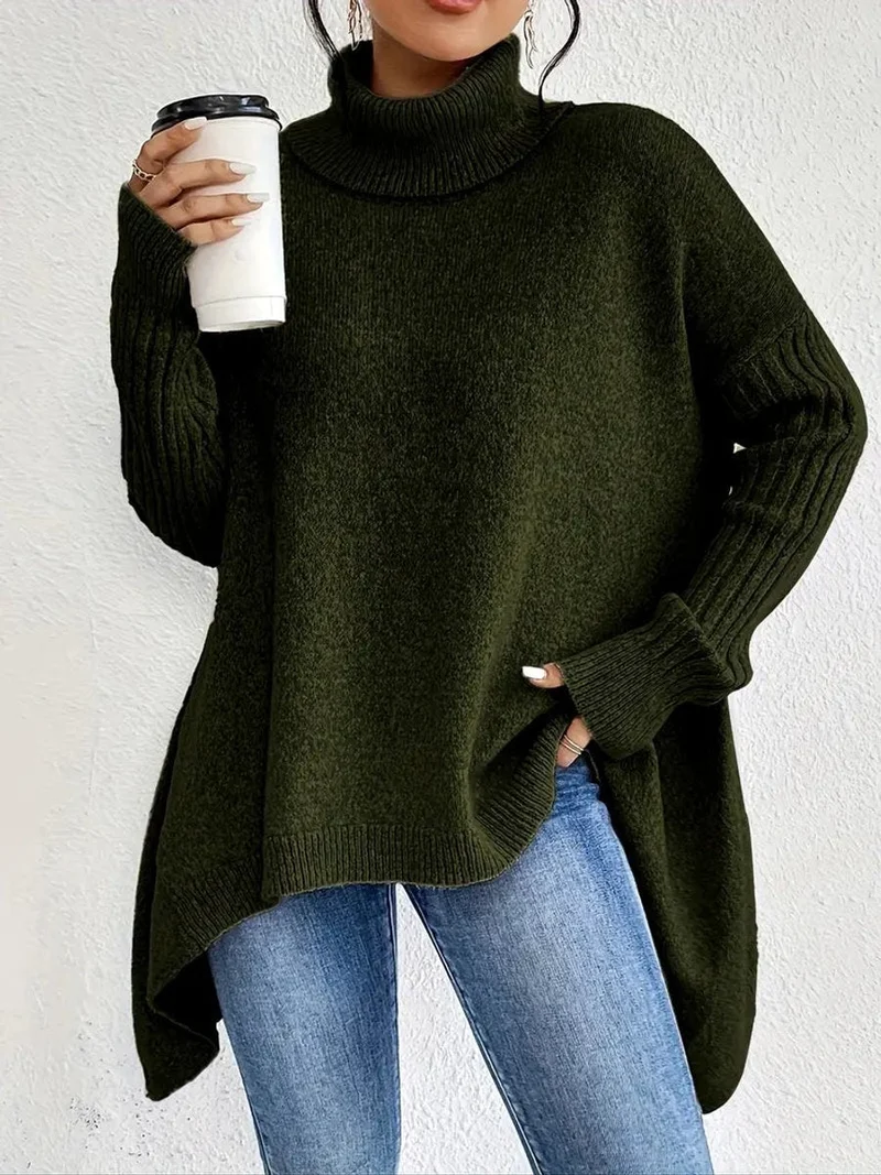 Annika | Damen Oversized Turtleneck Sweater Langer Rollkragenpullover Gerippte Bündchen