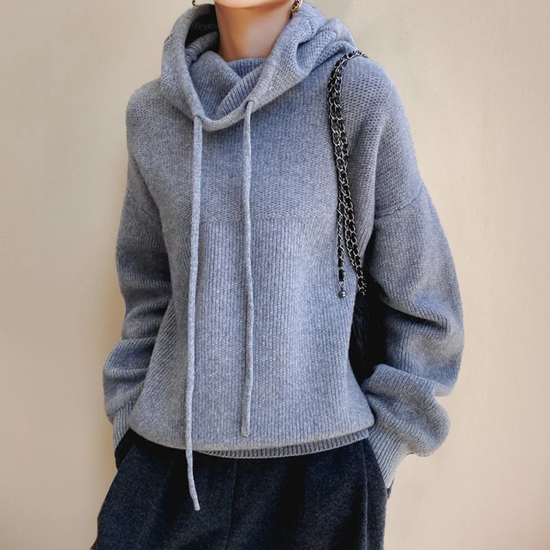 Luisa | Damen Oversized Turtleneck Sweater Kapuze Merinowolle