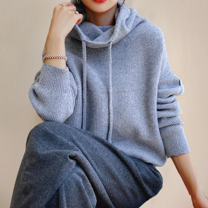 Luisa | Damen Oversized Turtleneck Sweater Kapuze Merinowolle