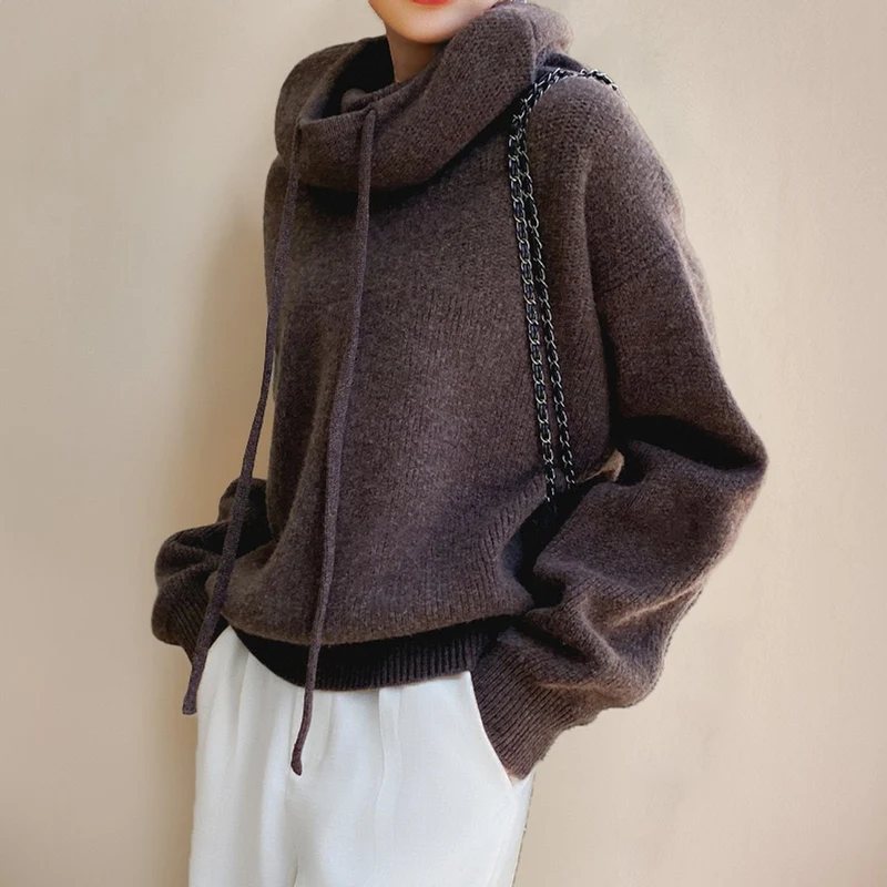 Luisa | Damen Oversized Turtleneck Sweater Kapuze Merinowolle