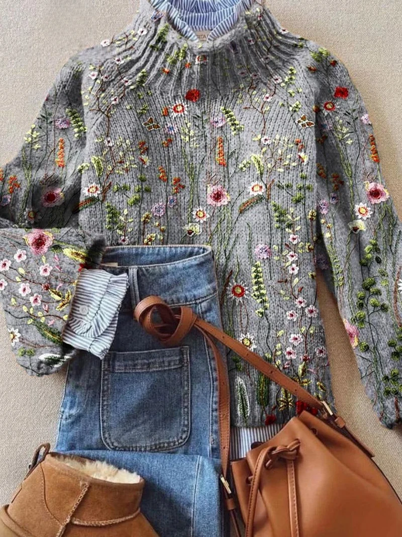 Mia | Damen Vintage Blumen Stehkragen Turtleneck Sweater Strickpullover