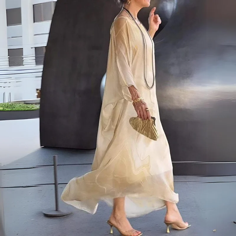 Leonie | Damen Langarm-Maxikleid fließend Rundhals festlich elegant