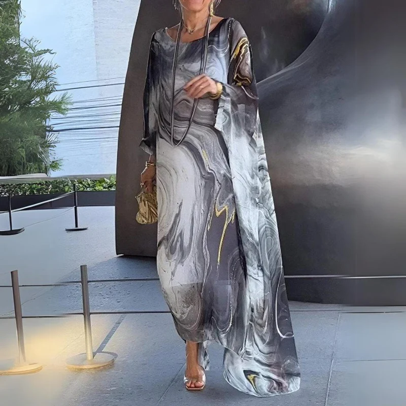 Leonie | Damen Langarm-Maxikleid fließend Rundhals festlich elegant
