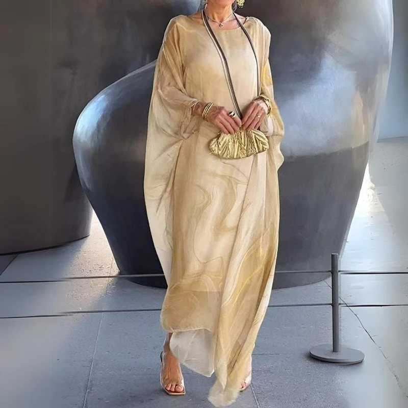 Leonie | Damen Langarm-Maxikleid fließend Rundhals festlich elegant