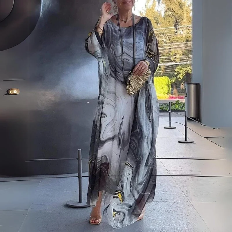 Leonie | Damen Langarm-Maxikleid fließend Rundhals festlich elegant