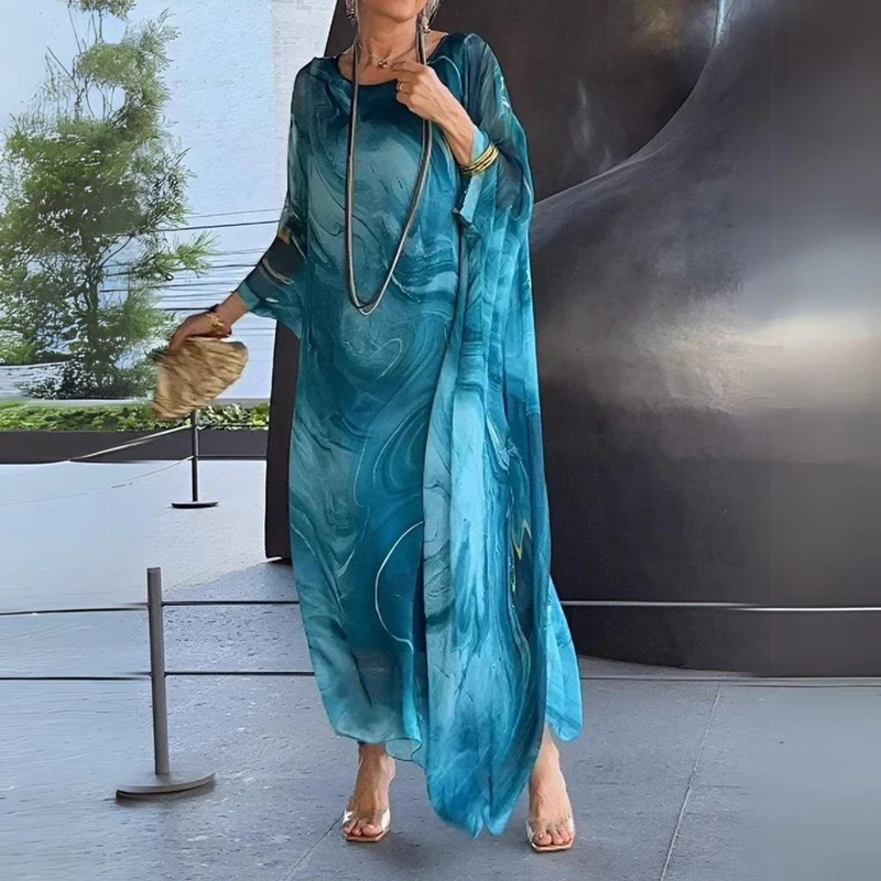 Leonie | Damen Langarm-Maxikleid fließend Rundhals festlich elegant