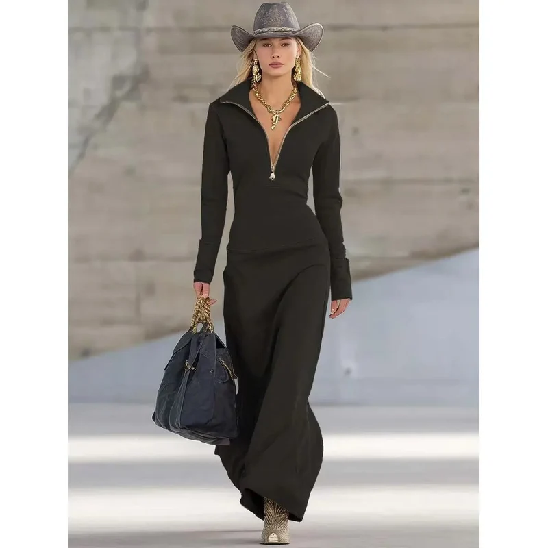 Marlene | Damen Langarm Maxikleid mit Reißverschluss-Stehkragen