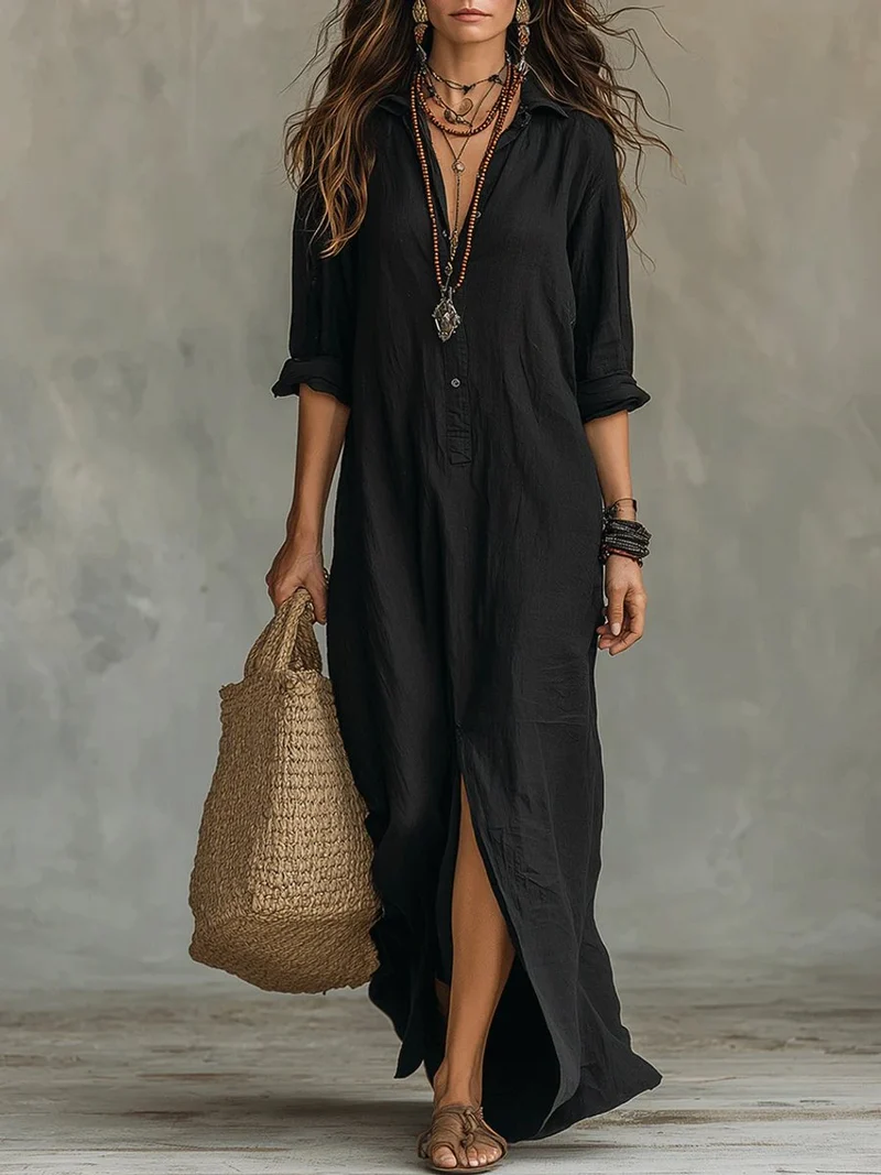 Marie | Damen Langarmkleid Lässiges Maxi-Hemdblusenkleid mit V-Ausschnitt
