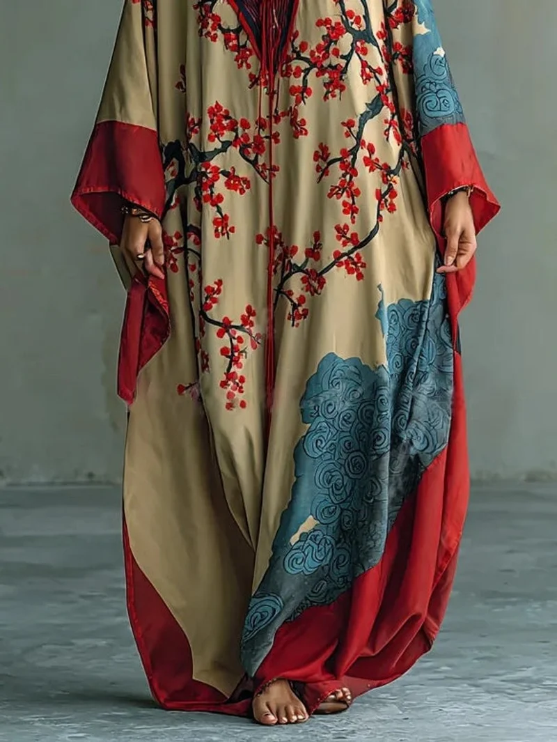 Greta | Damen Langarmkleid Maxi Fledermausärmel Japanischer Pflaumenblüten-Print