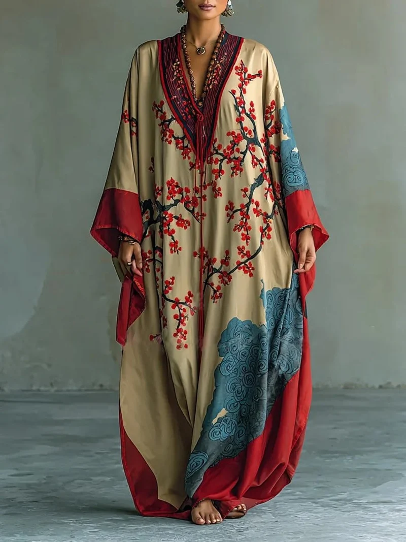 Greta | Damen Langarmkleid Maxi Fledermausärmel Japanischer Pflaumenblüten-Print
