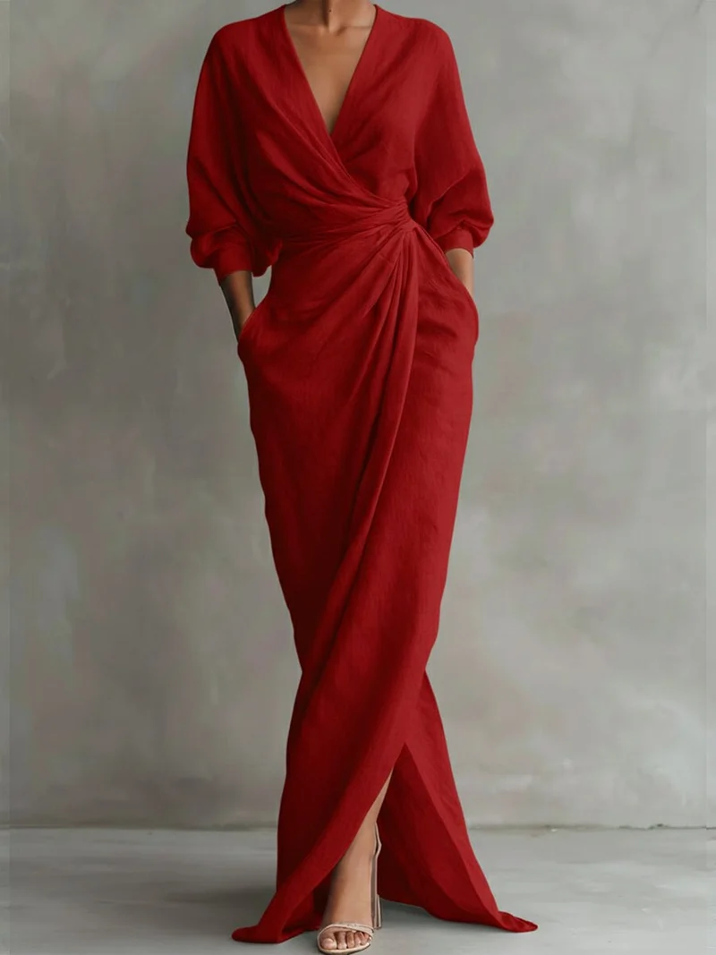 Nora | Damen Long Sleeve Dress Maxi Wickelkleid V-Ausschnitt 3/4-Ärmel