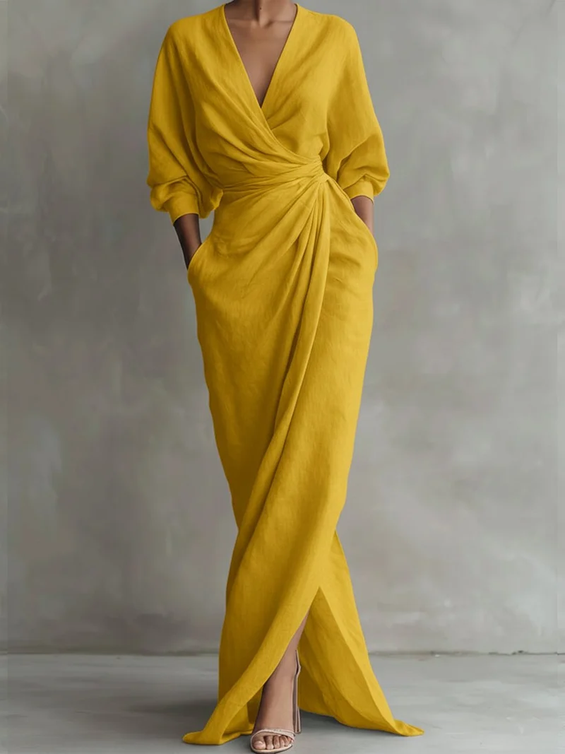 Nora | Damen Long Sleeve Dress Maxi Wickelkleid V-Ausschnitt 3/4-Ärmel