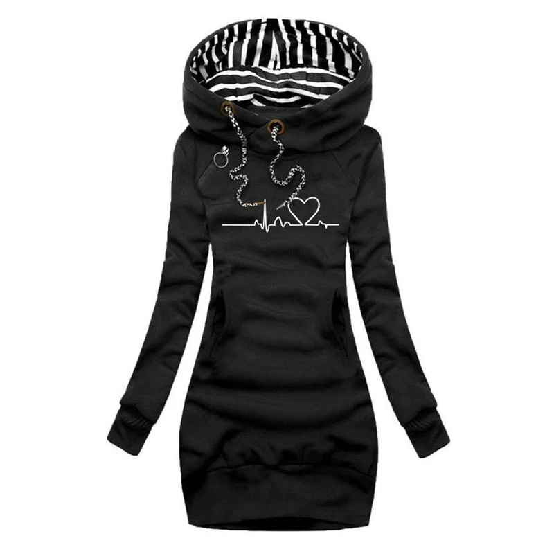 Frieda | Damen Langarm-Kleid Kapuzenpullover Herzschlag-Print Sweatkleid