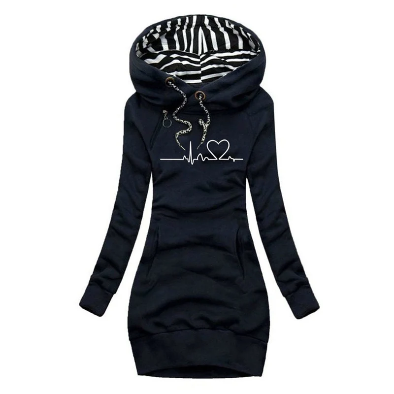 Frieda | Damen Langarm-Kleid Kapuzenpullover Herzschlag-Print Sweatkleid