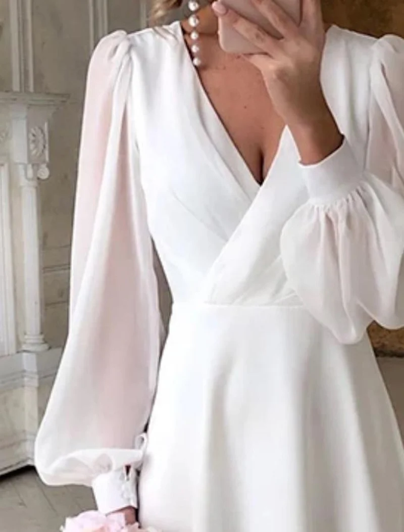 Katharina | Damen Langarmkleid Elegantes Weißes Midi-Hochzeitskleid Puffärmel V-Ausschnitt