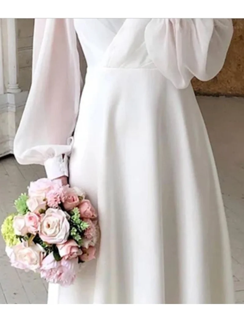 Katharina | Damen Langarmkleid Elegantes Weißes Midi-Hochzeitskleid Puffärmel V-Ausschnitt