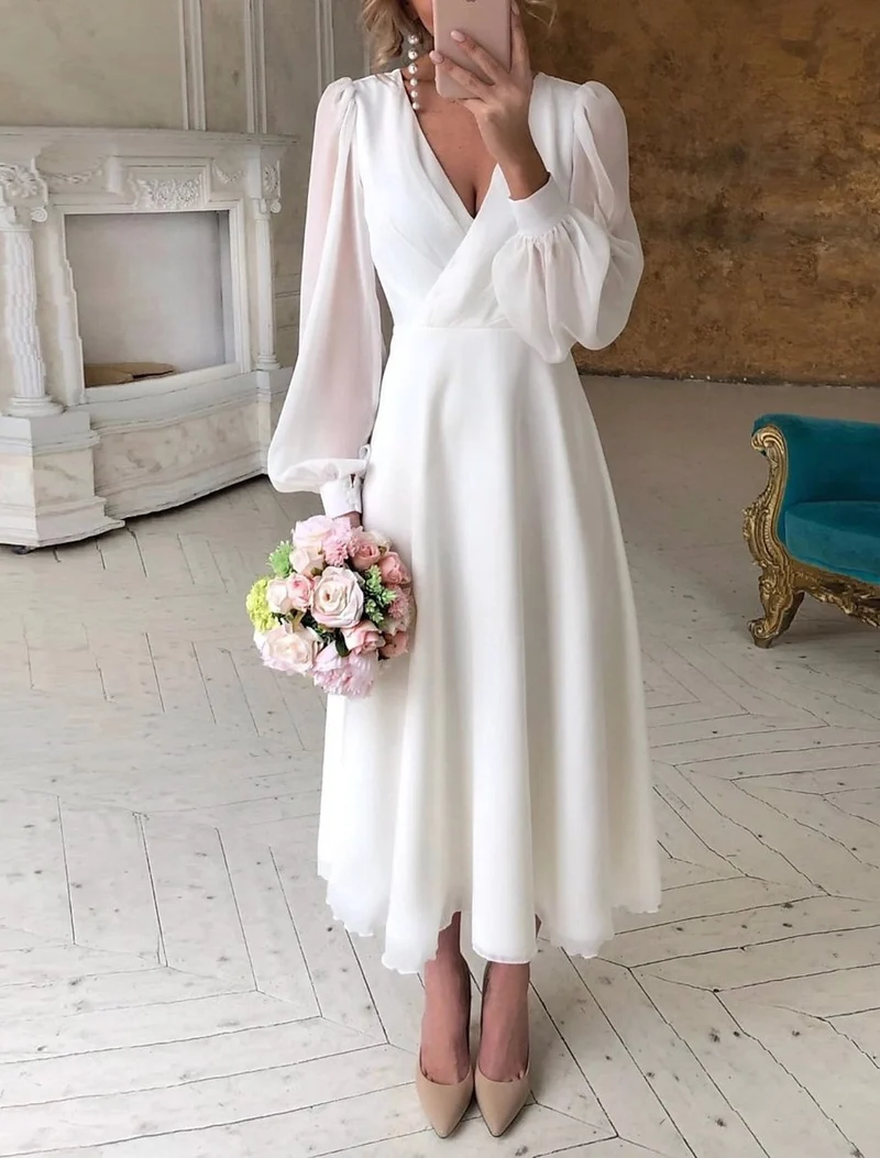 Katharina | Damen Langarmkleid Elegantes Weißes Midi-Hochzeitskleid Puffärmel V-Ausschnitt