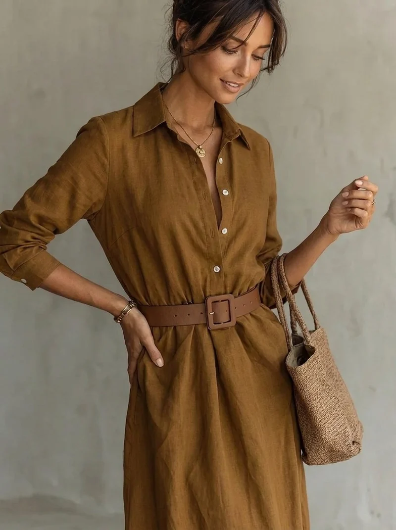Lena | Damen Langarm-Maxikleid fließend tailliert mit Gürtel
