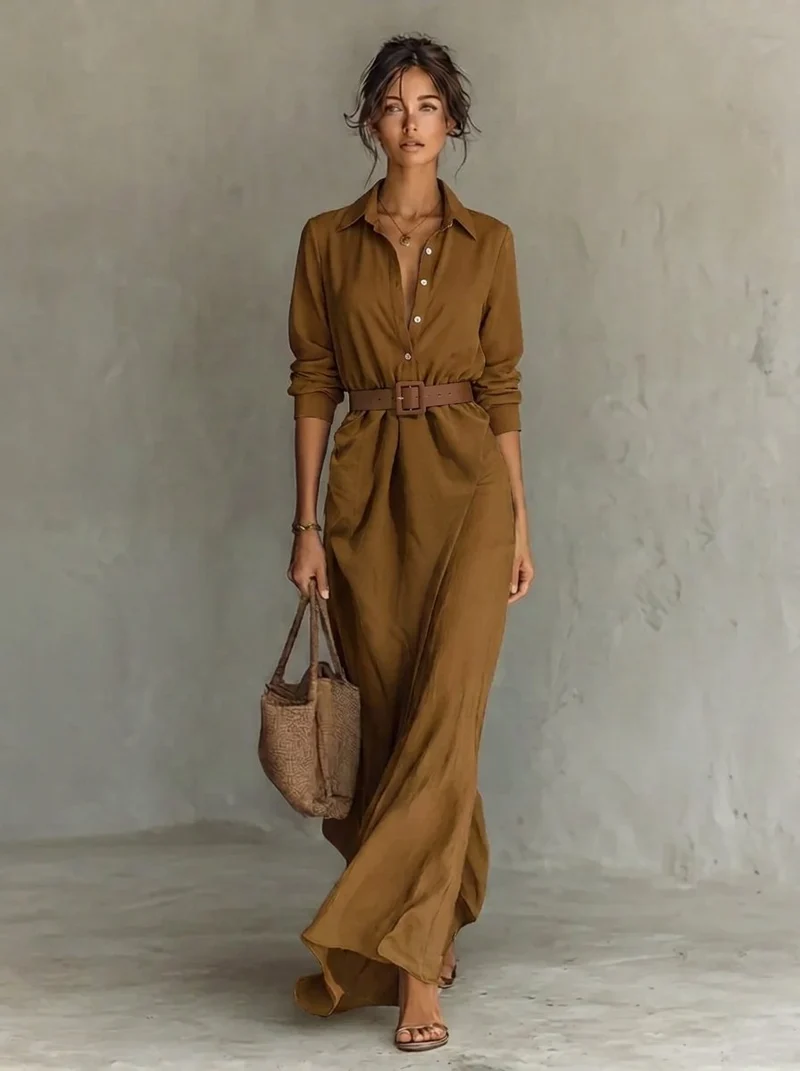 Lena | Damen Langarm-Maxikleid fließend tailliert mit Gürtel