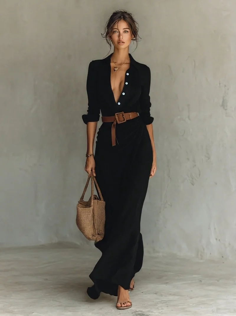 Lena | Damen Langarm-Maxikleid fließend tailliert mit Gürtel