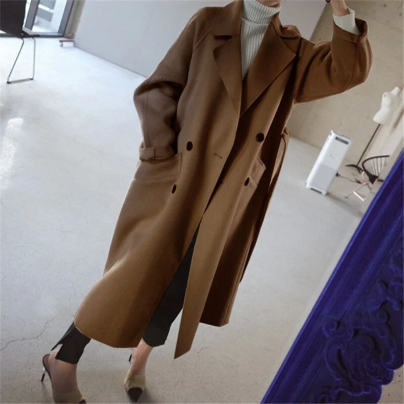 Katharina | Damen Women Coat langer Kaschmir Mantel Doppelknopf Trenchcoat