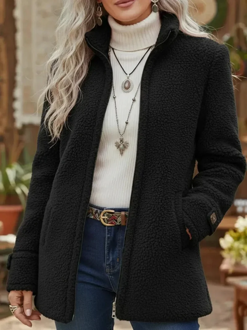 Sophie | Damen Women Coat Flauschige Lammwoll-Jacke Stehkragen Reißverschluss
