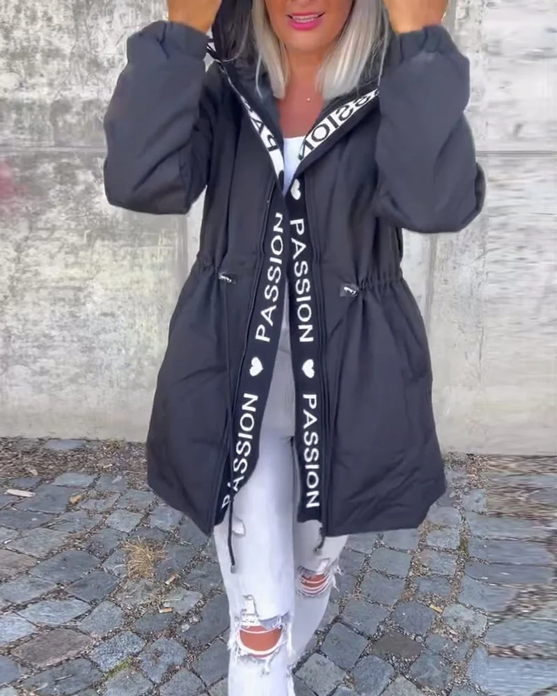 Amelie | Damen Kapuzenmantel Lockere Passform Tunnelzug Mittellang Women Coat