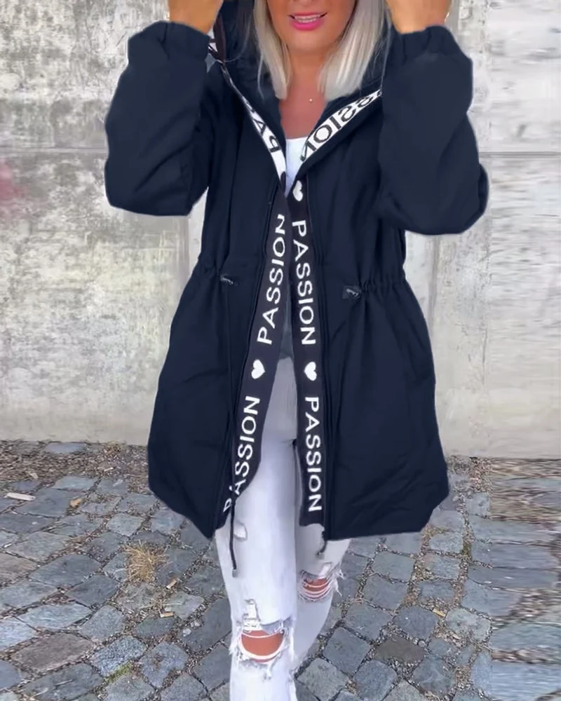 Amelie | Damen Kapuzenmantel Lockere Passform Tunnelzug Mittellang Women Coat