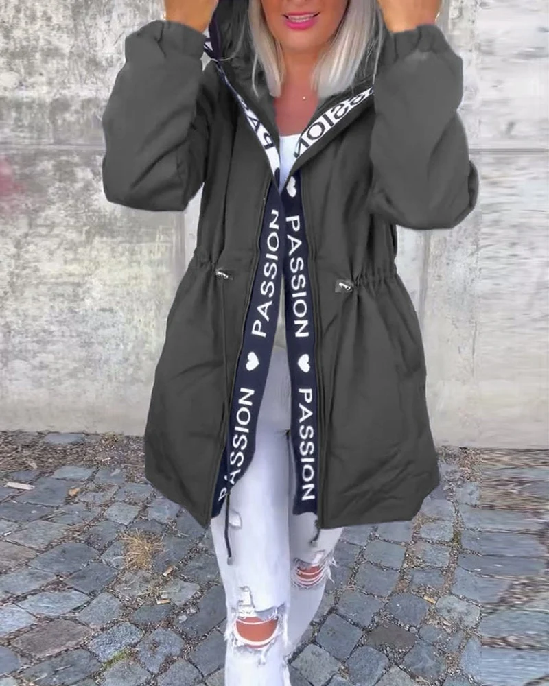 Amelie | Damen Kapuzenmantel Lockere Passform Tunnelzug Mittellang Women Coat