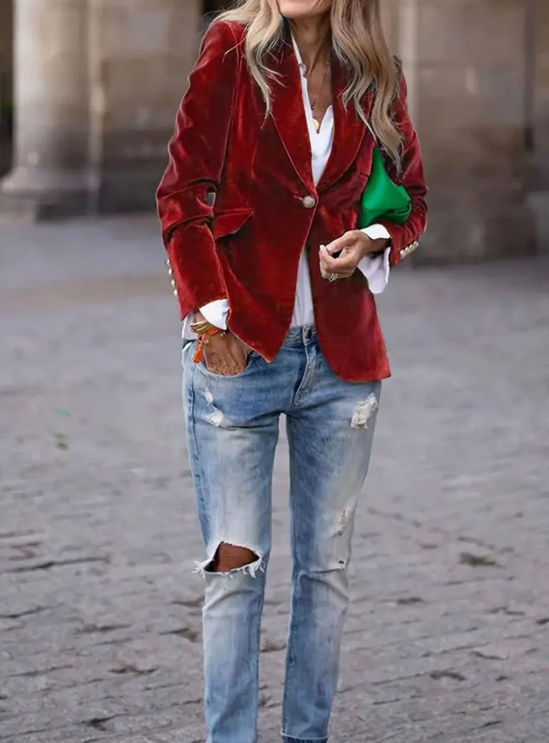 Elisabeth | Damen Klassischer Blazer mit Ein-Knopf-Verschluss Goldknöpfe Samtoptik