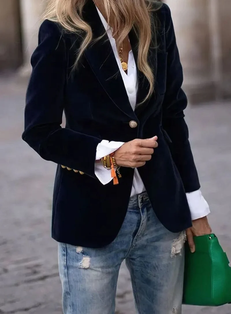 Elisabeth | Damen Klassischer Blazer mit Ein-Knopf-Verschluss Goldknöpfe Samtoptik
