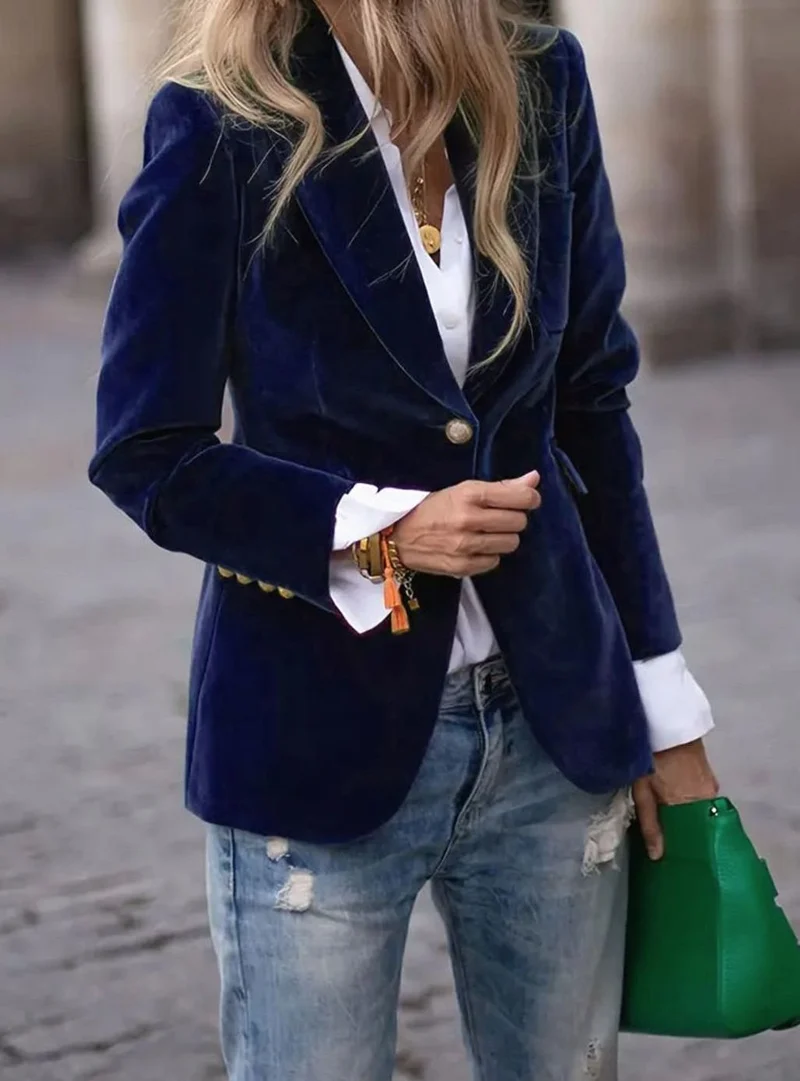 Elisabeth | Damen Klassischer Blazer mit Ein-Knopf-Verschluss Goldknöpfe Samtoptik