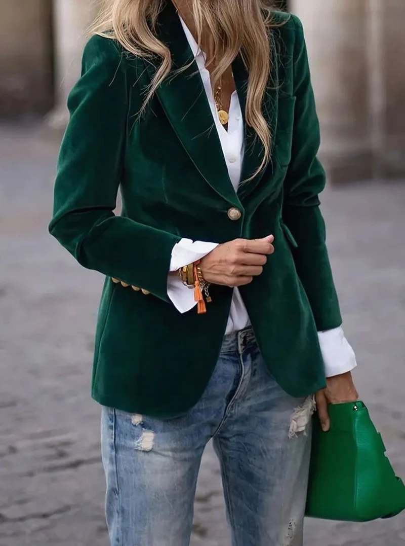 Elisabeth | Damen Klassischer Blazer mit Ein-Knopf-Verschluss Goldknöpfe Samtoptik