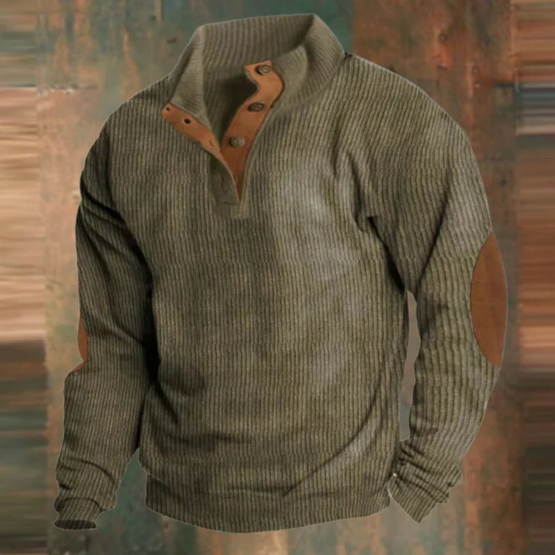 Alexander | Herren Gerippter Strickpullover Knopfleiste am Kragen Wildleder-Ellbogenpatch