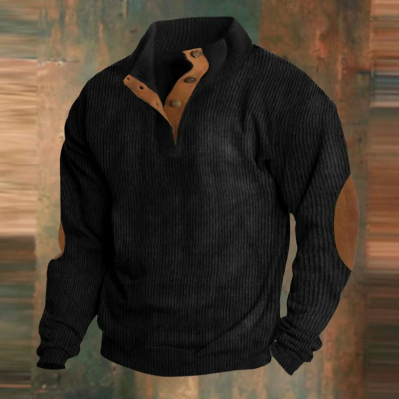 Alexander | Herren Gerippter Strickpullover Knopfleiste am Kragen Wildleder-Ellbogenpatch