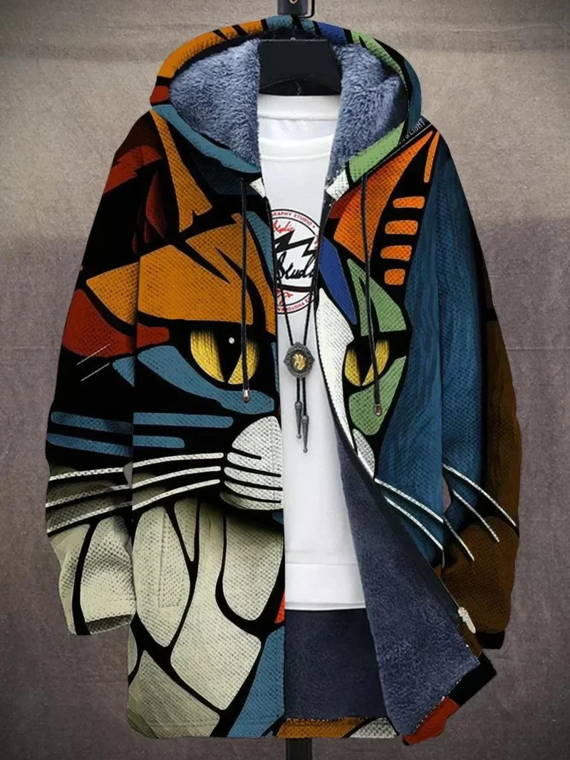 Simon | Herren Kunstdruck Fleece-Gefütterter Oversized Mens Cardigan mit Kapuze