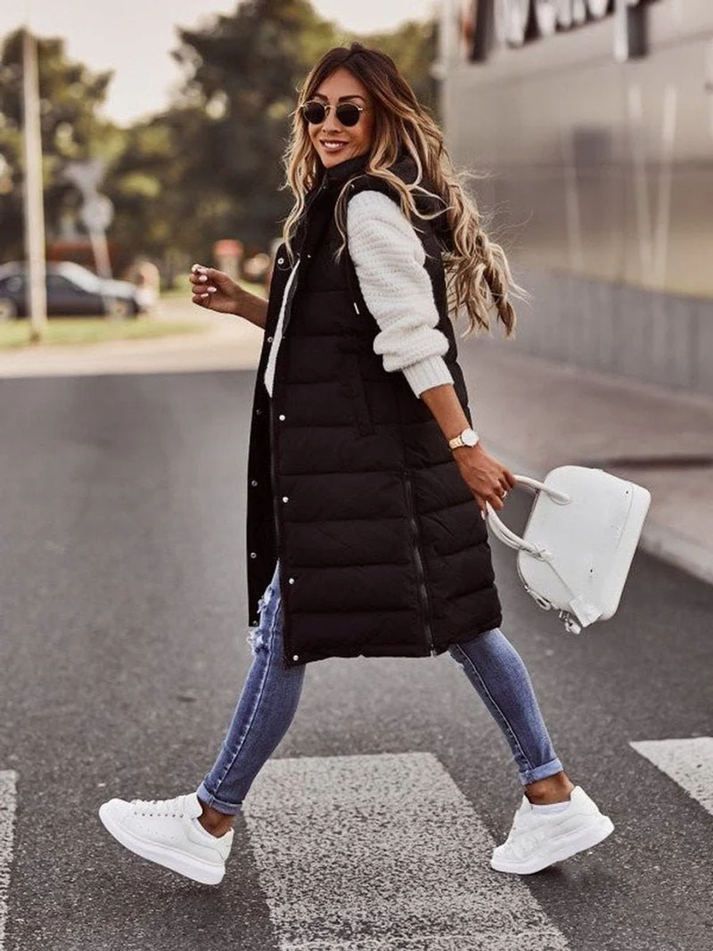 Sophie | Damen Puffer Vest Knielange Steppweste mit Kapuze Ärmellos