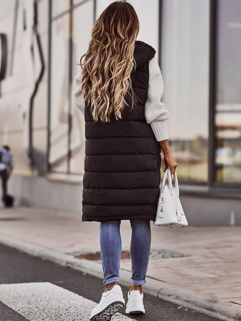 Sophie | Damen Puffer Vest Knielange Steppweste mit Kapuze Ärmellos
