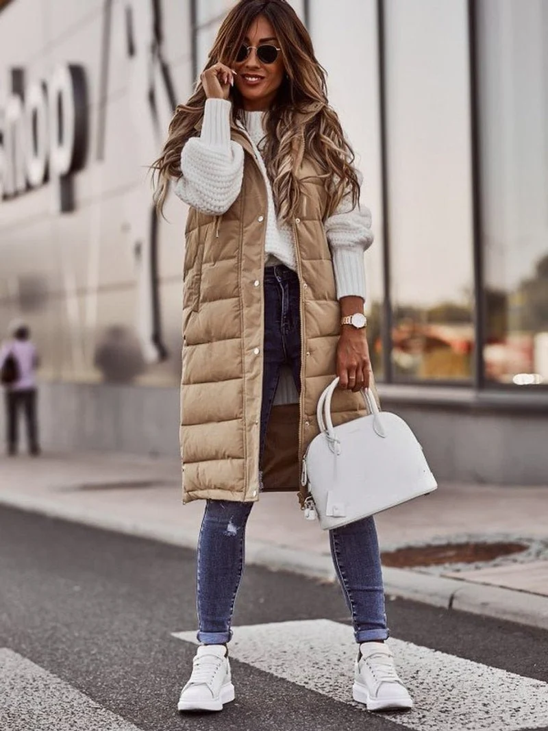 Sophie | Damen Puffer Vest Knielange Steppweste mit Kapuze Ärmellos